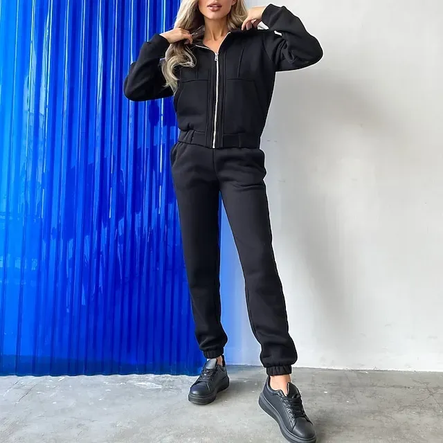 Women's Tracksuit Sweatsuit Pocket 2 Piece Solid Colored Hoodie and Pants Outfit Set Clothing Suit Fall Black White Jogging Training Exercise Thermal Warm Soft Moisture Wicking Long Sleeve Sport