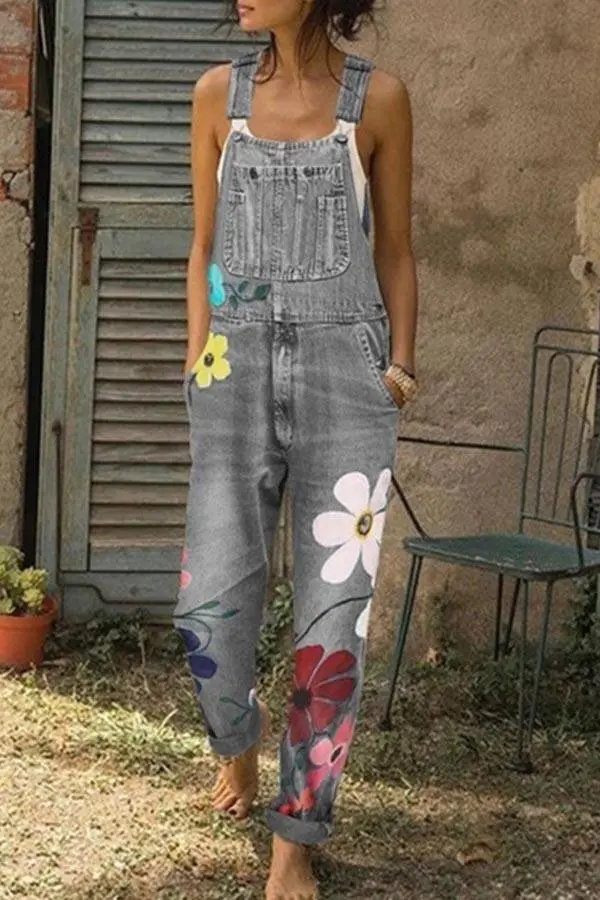 Florcoo Flower-printed Baggy Jeans With Suspenders(3 Colors)