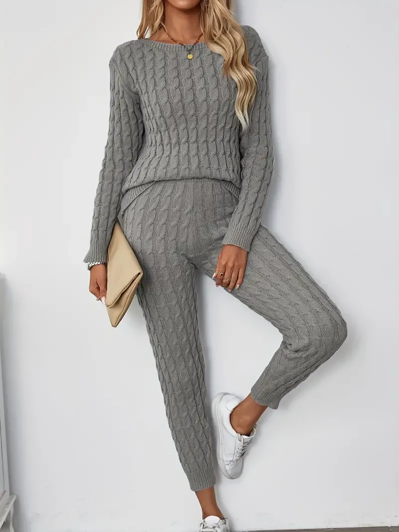 Solid Knitted Matching Two-piece Set, Casual Long Sleeve Sweater & Pants Outfits, Women's Clothing