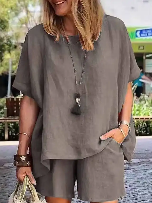 Women's Loungewear Sets Pure Color Fashion Comfort Soft Home Daily Vacation Cotton Breathable Crew Neck Short Sleeve Shorts Pocket Elastic Waist Summer Spring White Army Green