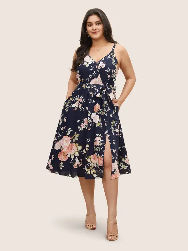 Floral Wrap Elastic Waist Belted Sleeveless Dress