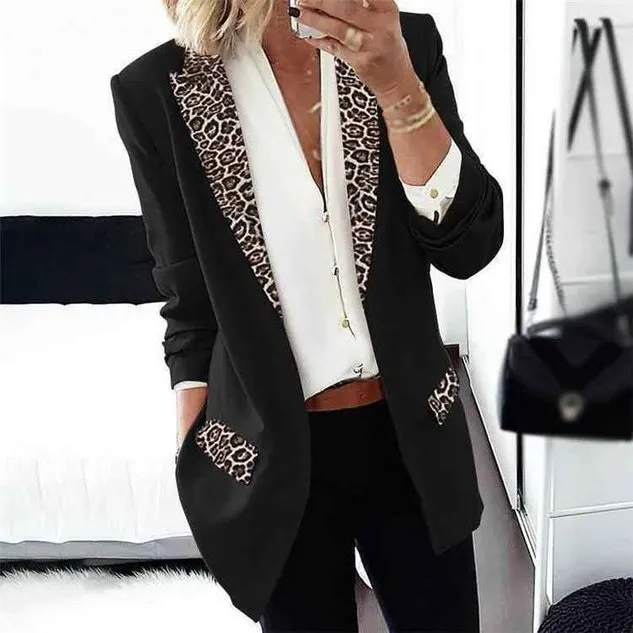 Lapel Collar Long Sleeve Leopard Regular Loose Blazer For Women