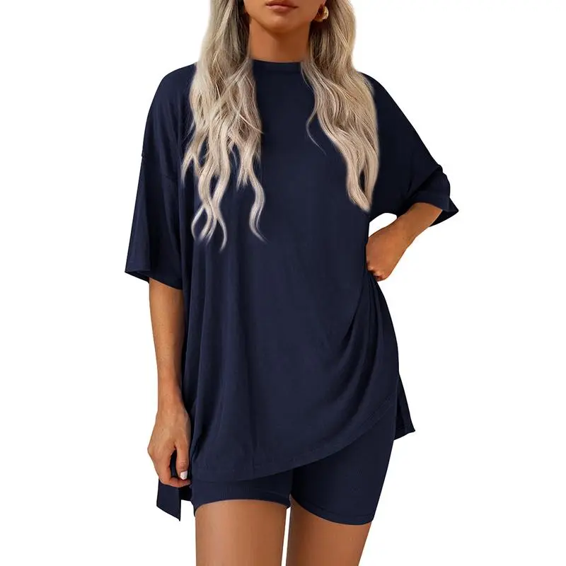 Women’s Oversized Lounge Set-Breathable Crewneck Top & Pocket Shorts