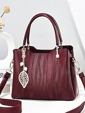 Women's Burgundy Handbag with Embossed Pattern and Pearl Leaf Charm – Stylish Shoulder and Tote Bag for Office, Daily, and Evening Use