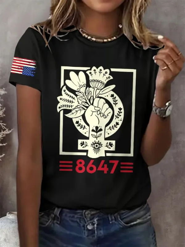 Women'S T-Shirt Retro 8647 Fist Print T-Shirt Round Neck Pure Cotton Short Sleeves