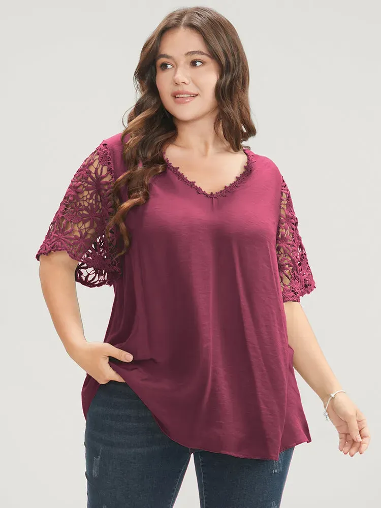 Plain V Neck Floral Patchwork Blouse