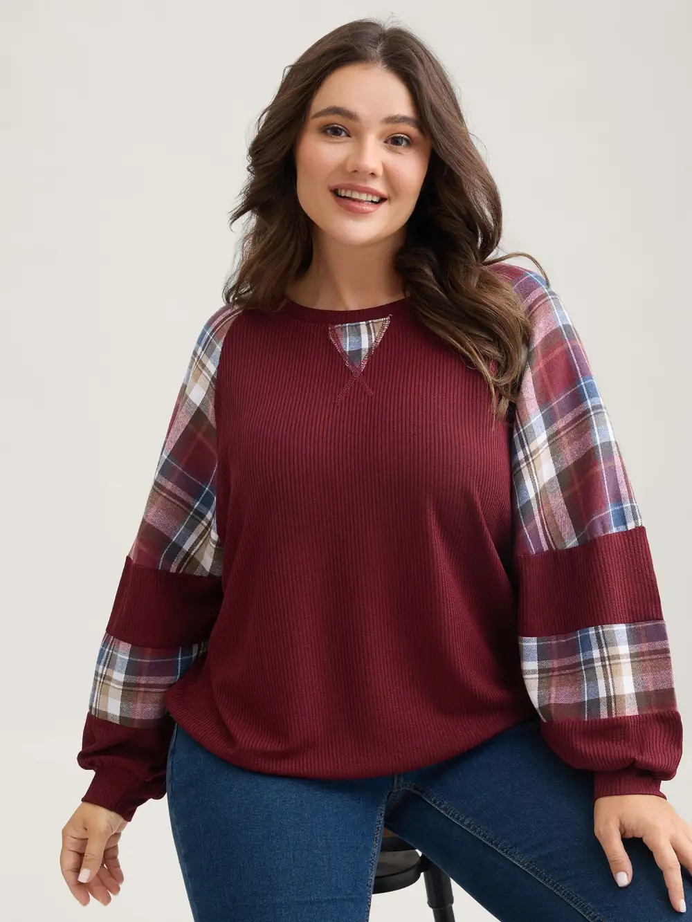 Plaid Patchwork Raglan Sleeve Sweatshirt