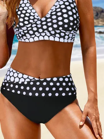 Polka Dots V Neck Printing Casual Bikini