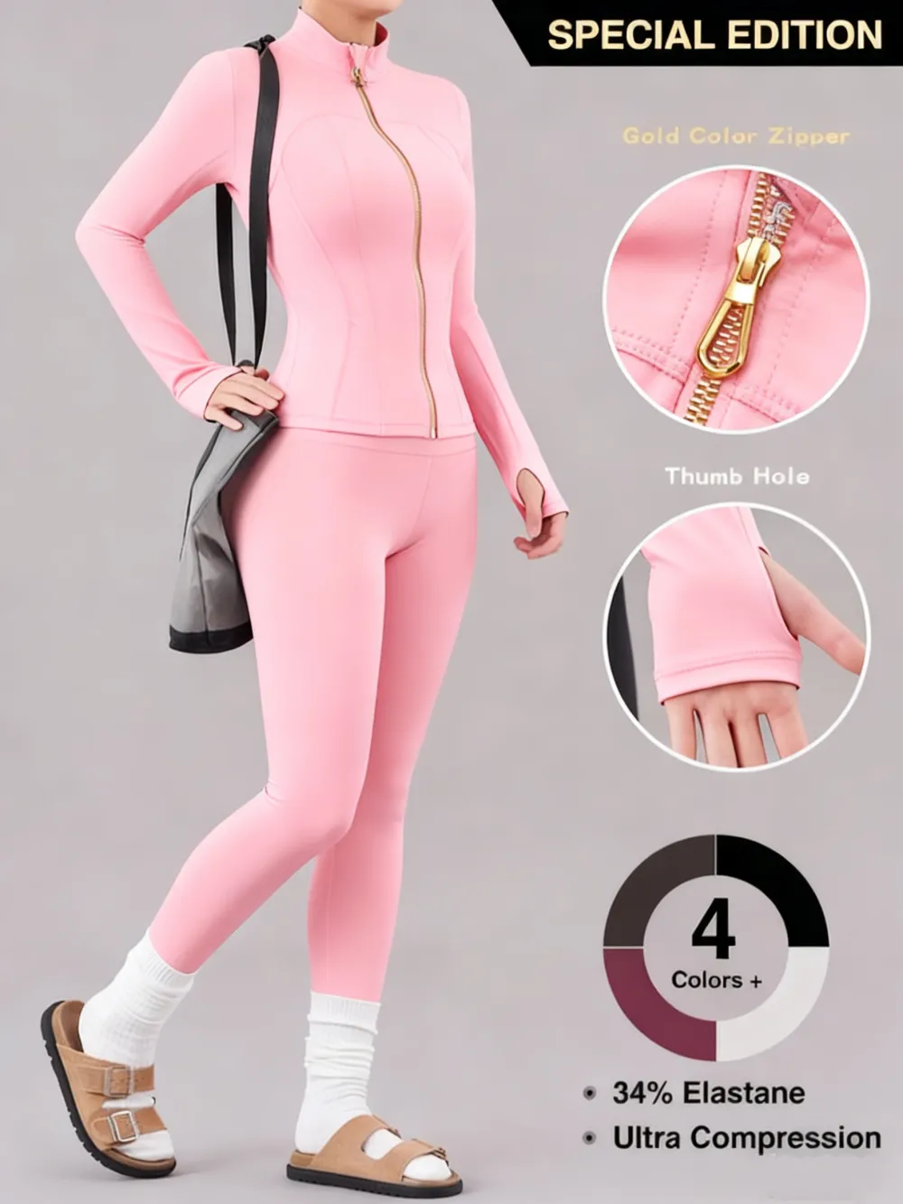Women's Solid Zip Up Jacket & High Waist Leggings Tracksuit Set