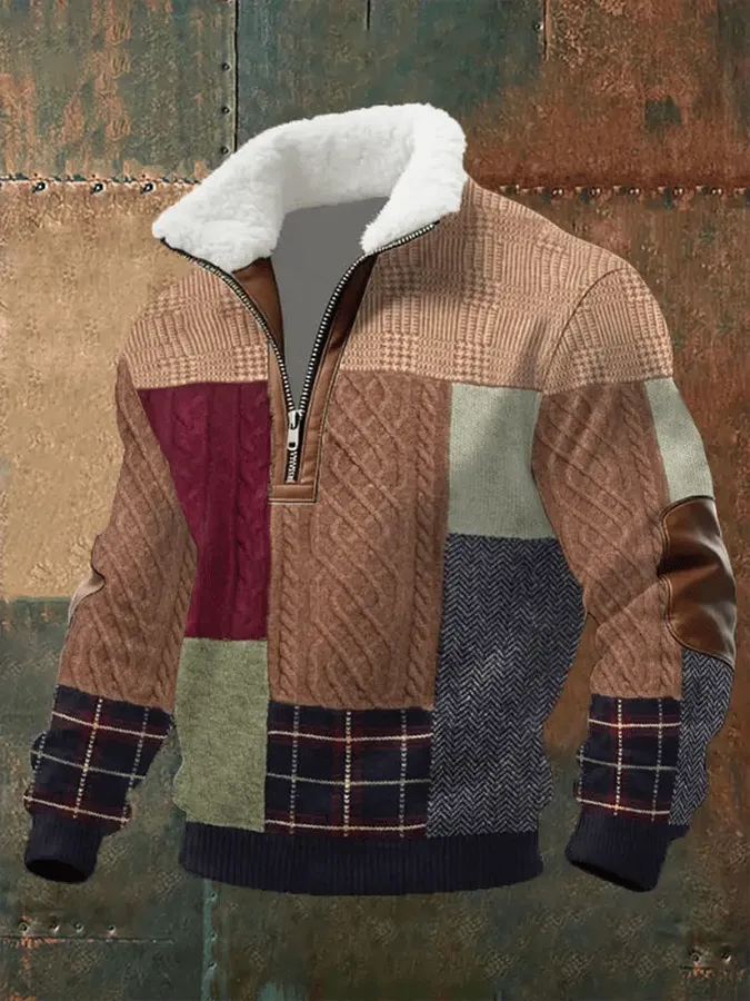 Men's Retro Western Textured Print Knit Fabric Zipper Fur Collar Long Sleeve Sweatshirt