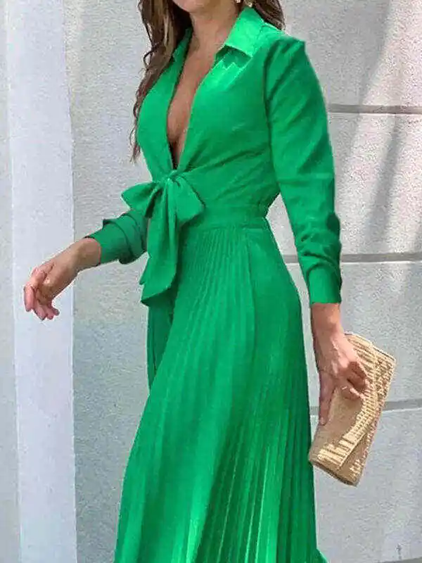 Simple Long Sleeves Lace-Up Pleated Solid Color Deep V-Neck Jumpsuits