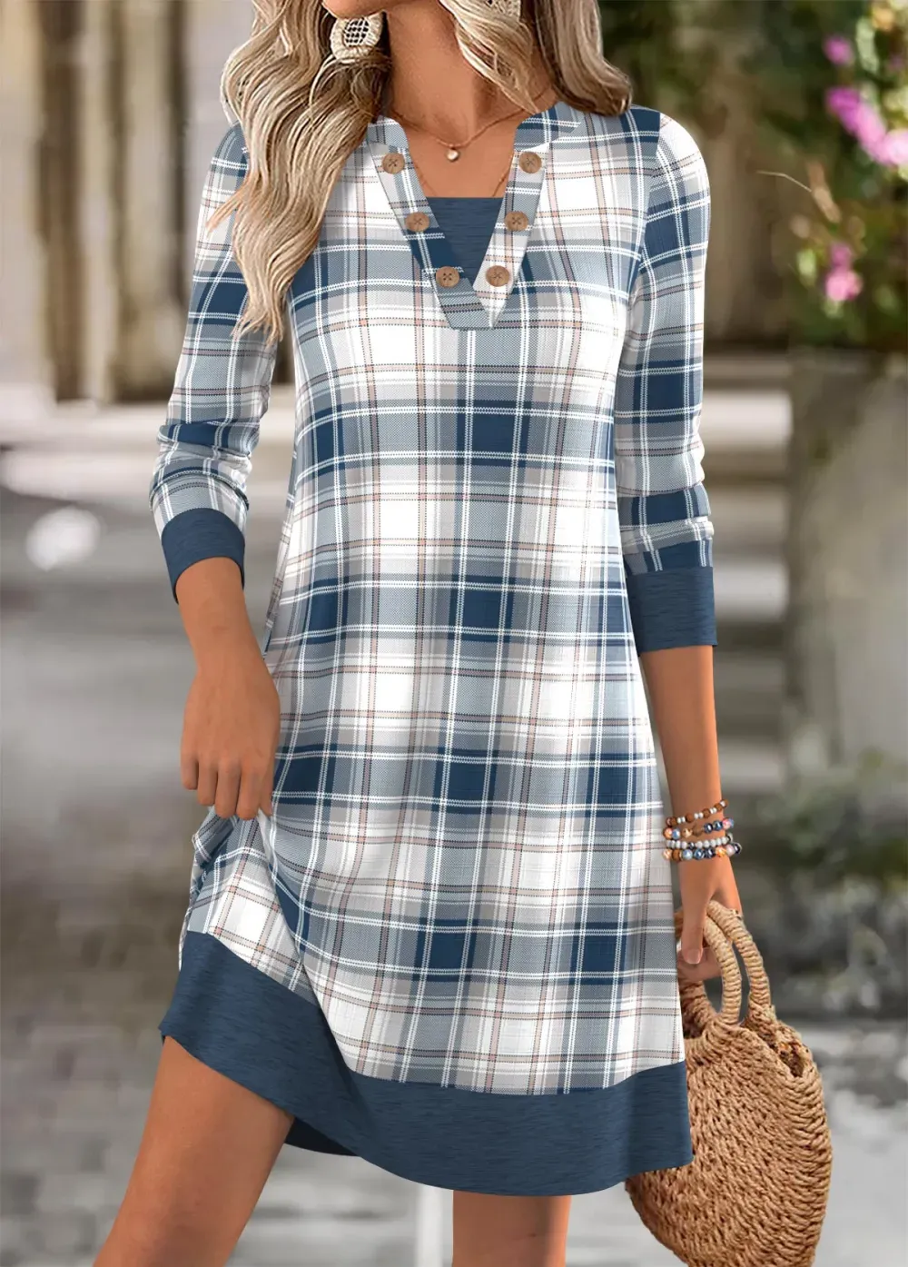 Dusty Blue Tummy Coverage Plaid Short Long Sleeve Dress