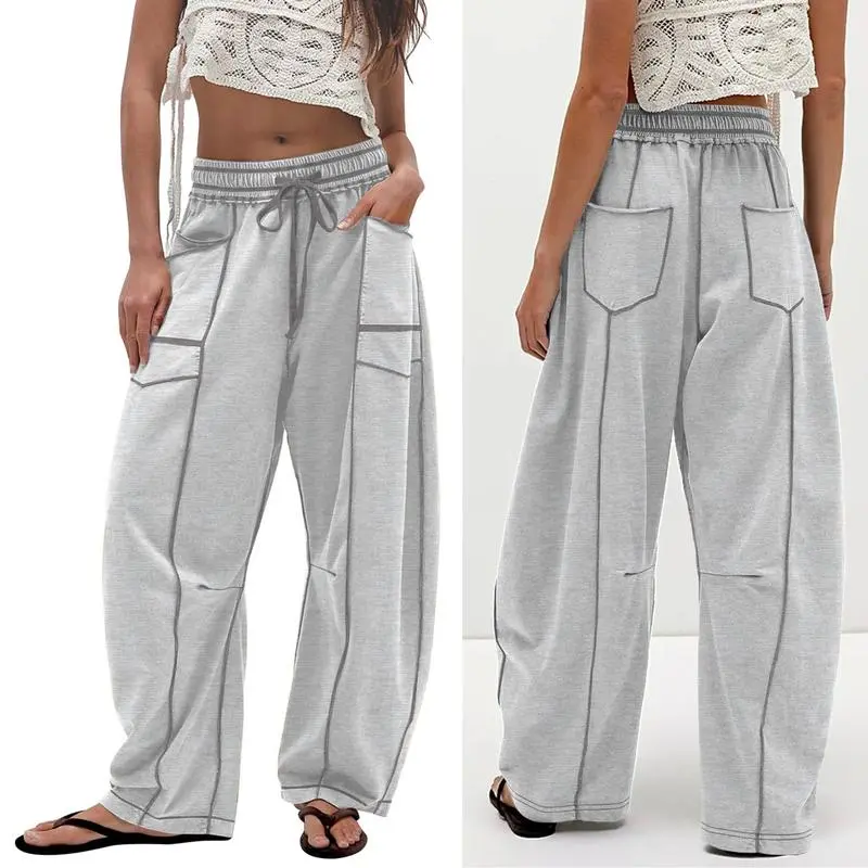 Womens Baggy Barrel Pants Wide Leg Lounge Drawstring Sweatpants with Pockets