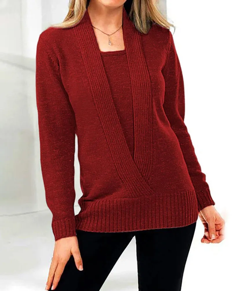 V-neck fake two-piece cropped sweater