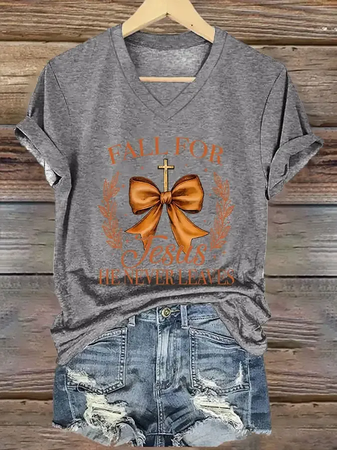 Women's Fall For Jesus He Never Leaves  Print Casual V-Neck T-Shirt
