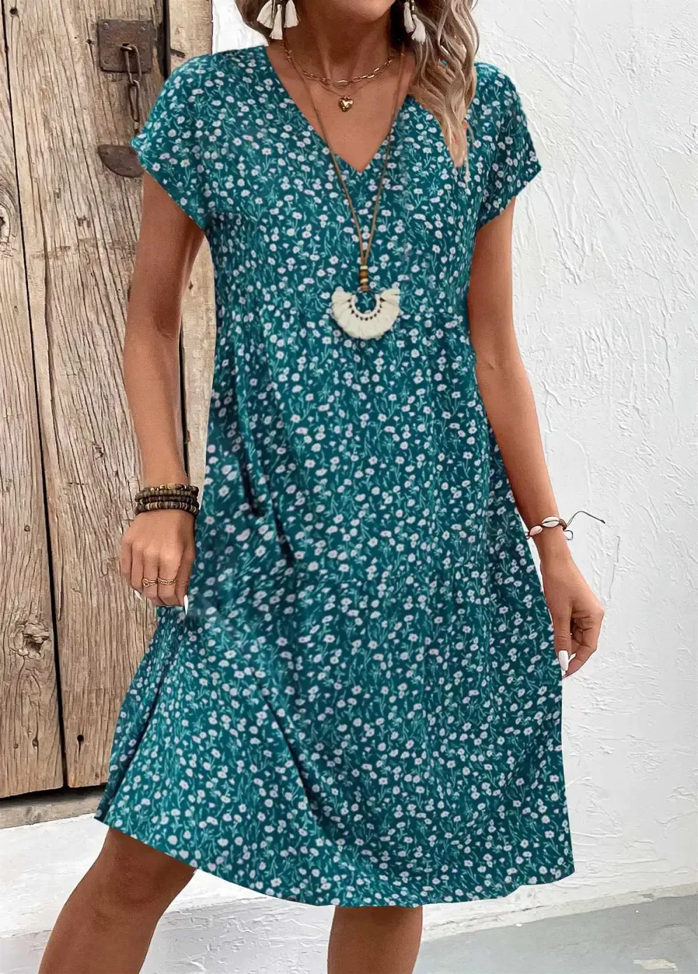 Turquoise Patchwork Floral Print A Line Short Sleeve Dress