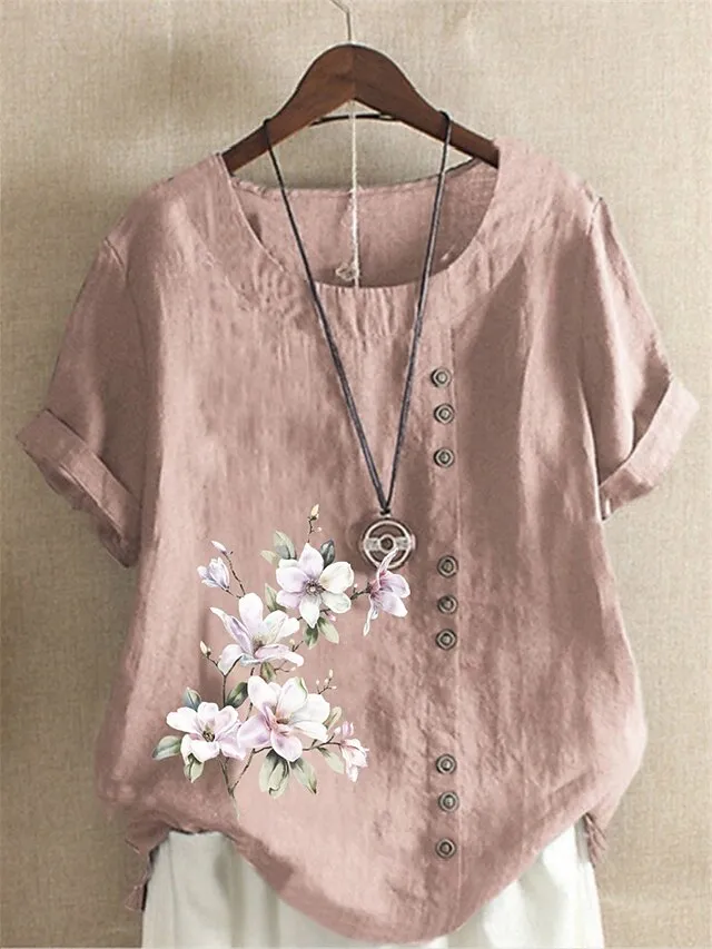 Women's Shirt Linen Shirt Blouse Cotton Linen Floral White Yellow Pink Button Print Short Sleeve Daily Vacation Going out Vintage Holiday Casual Crew Neck Regular Fit Summer Spring