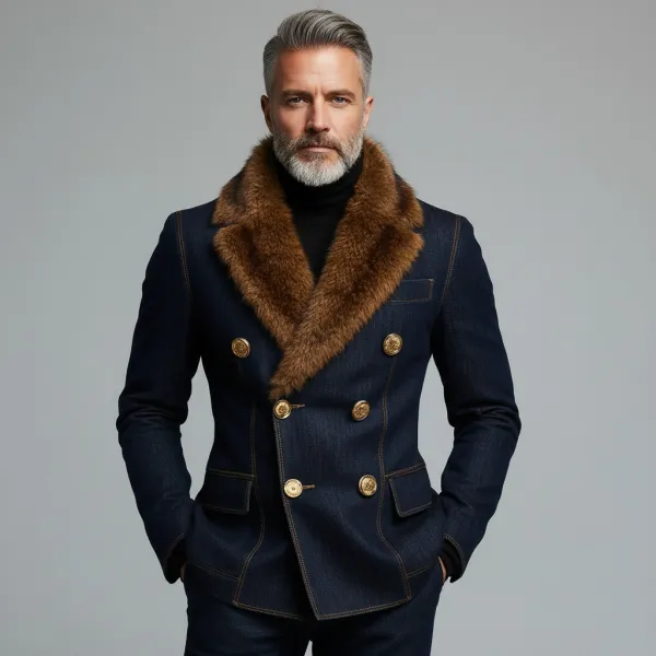 Men's Navy Blue Furry Collar Double Breasted Long Sleeve Denim Blazer