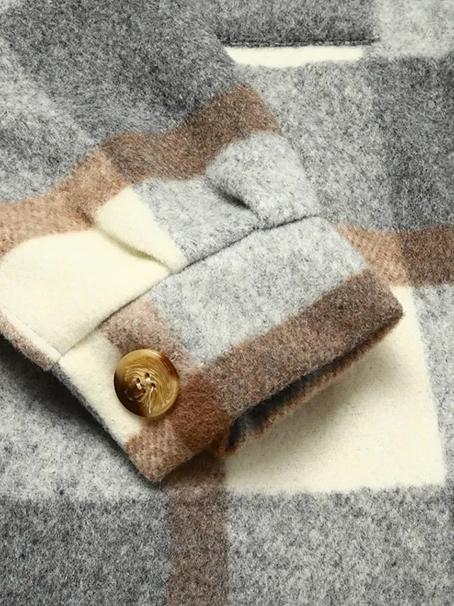 Women's Wool Blend Coat Winter Plaid Shacket Jacket Fall Long Pea Coat with Pockets Single Breasted Over Coat Trench Coat Gray Khaki Brown Modern Street S M L XL XXL / Winter