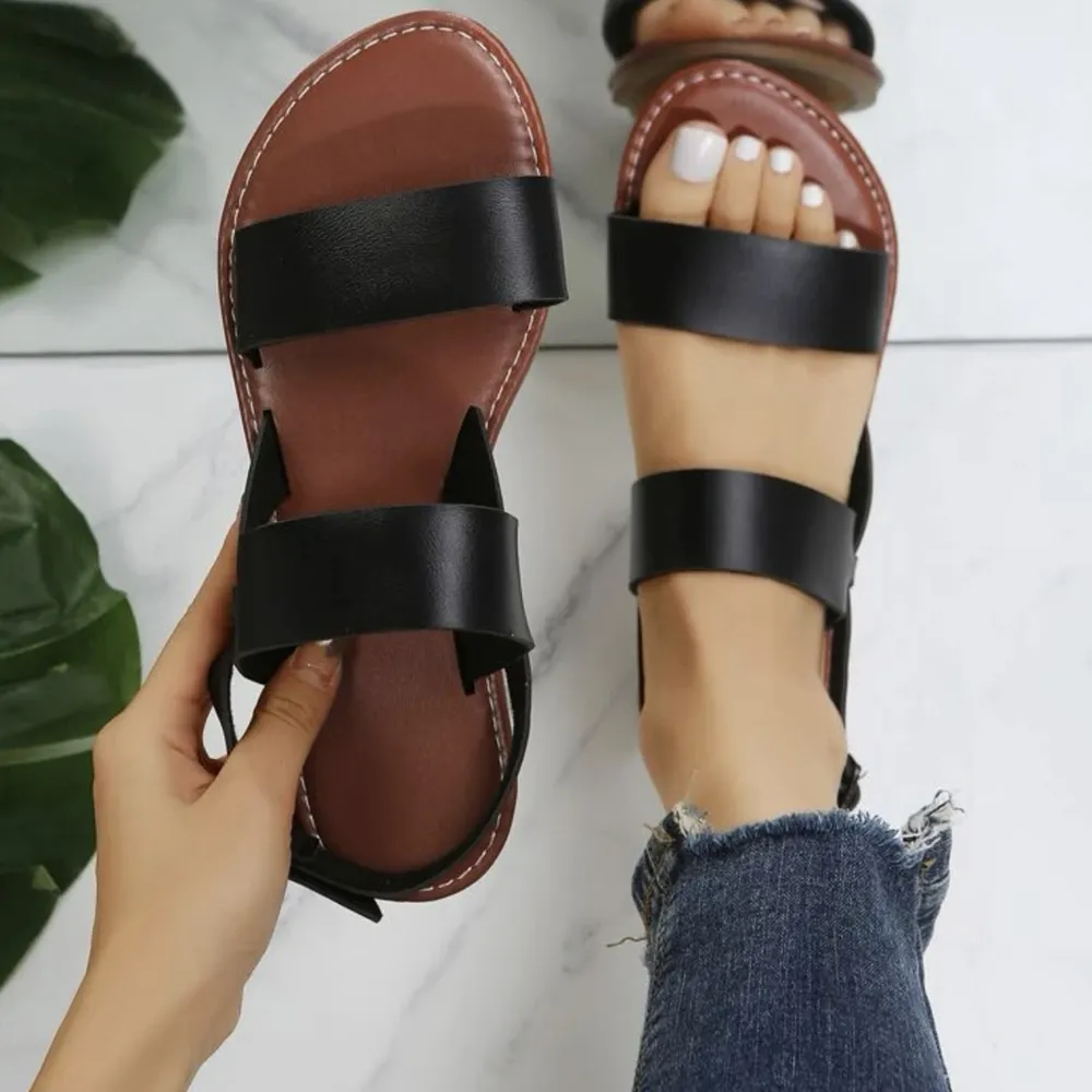 Women's Flat Ankle Strap Sandals, Solid Color Open Toe Non-slip Shoes, Casual Lightweight Beach Shoes