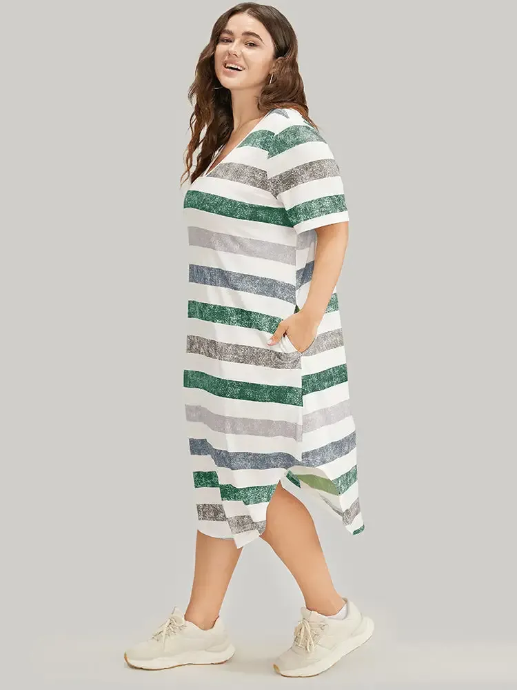 Striped Contrast Arc Hem V Neck Pocket Dress