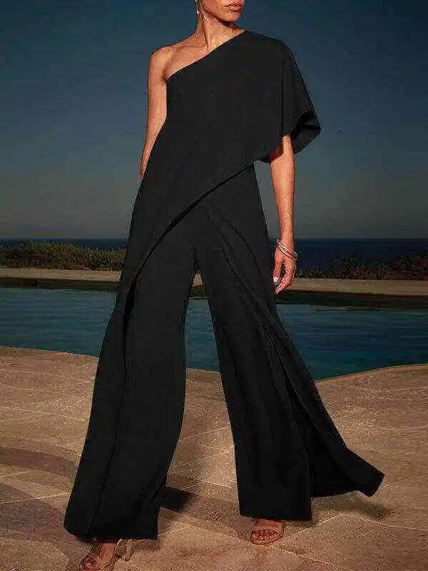 Urban Solid Color Tiered One-Shoulder Wide Leg Jumpsuits