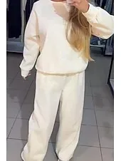 Women's Fashion Streetwear Pants Sets Bolero Top Long Sleeve Crew Neck Solid Color Sequins Outdoor Work Casual Black White Blue Fall Loose Fit