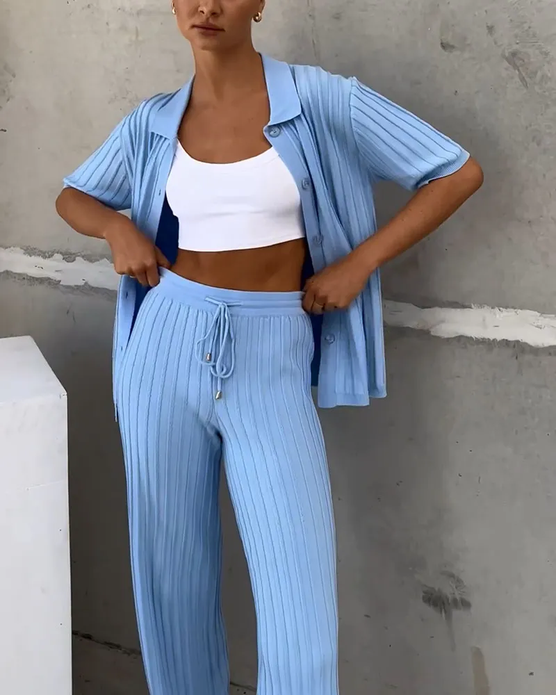 Blue Lapel Button Knit Two-Piece Set