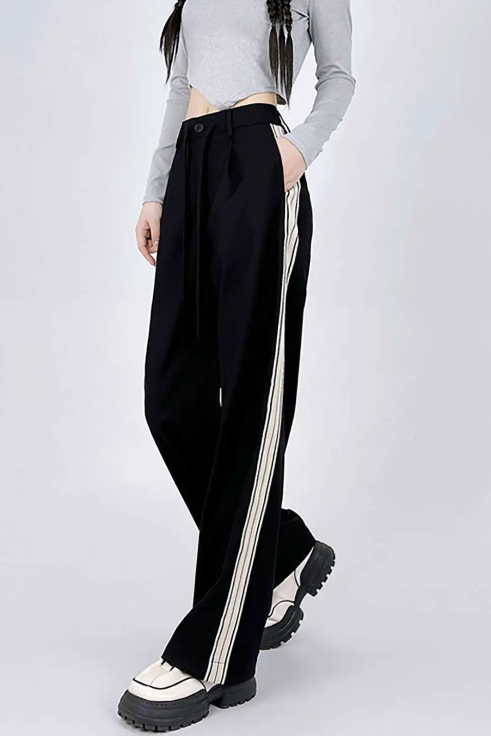 Side Stripe Tie Waist Straight Leg Pants