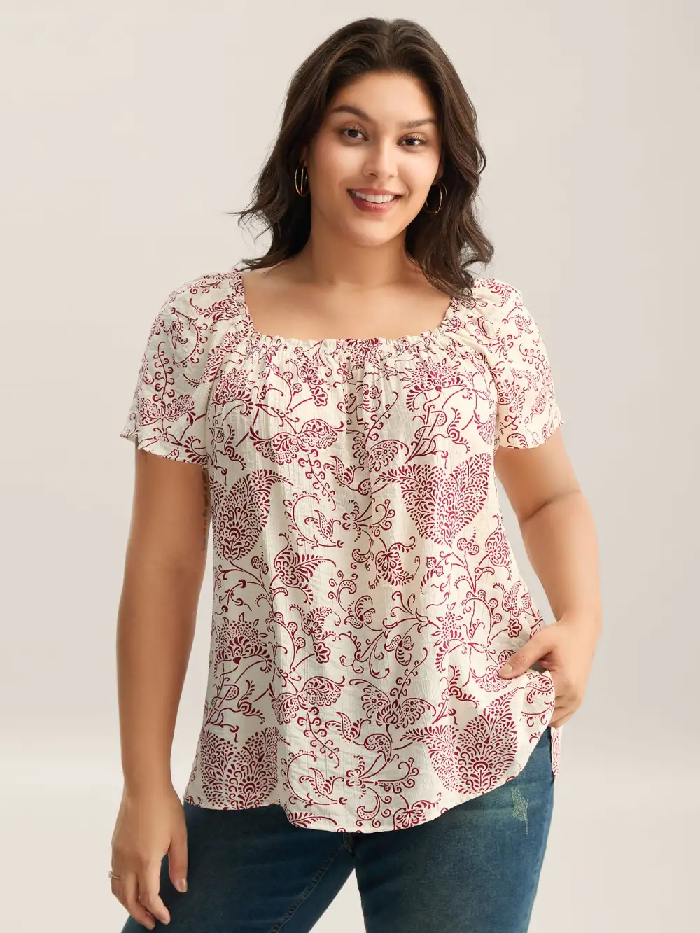 Floral Print Shirred Neck Flowy Blouse