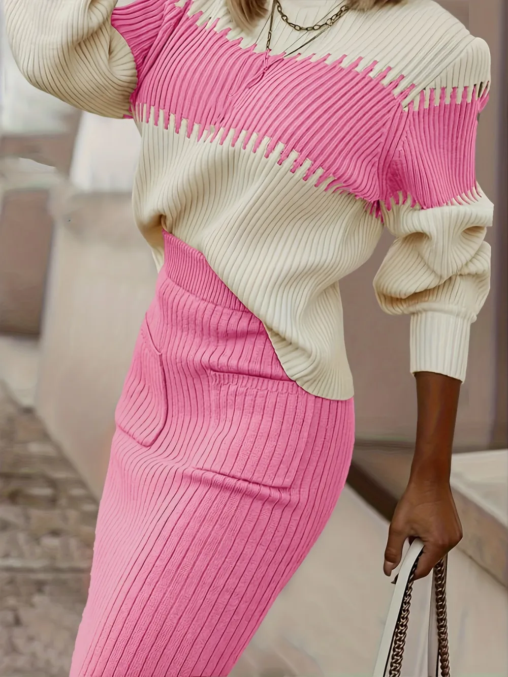 Trendy Womens Ribbed Two-Piece Set - Color Block Knit Sweater & Midi Skirt Outfit - Cozy, Figure-Sculpting, Versatile Casual Wear for Fashion-Forward Ladies