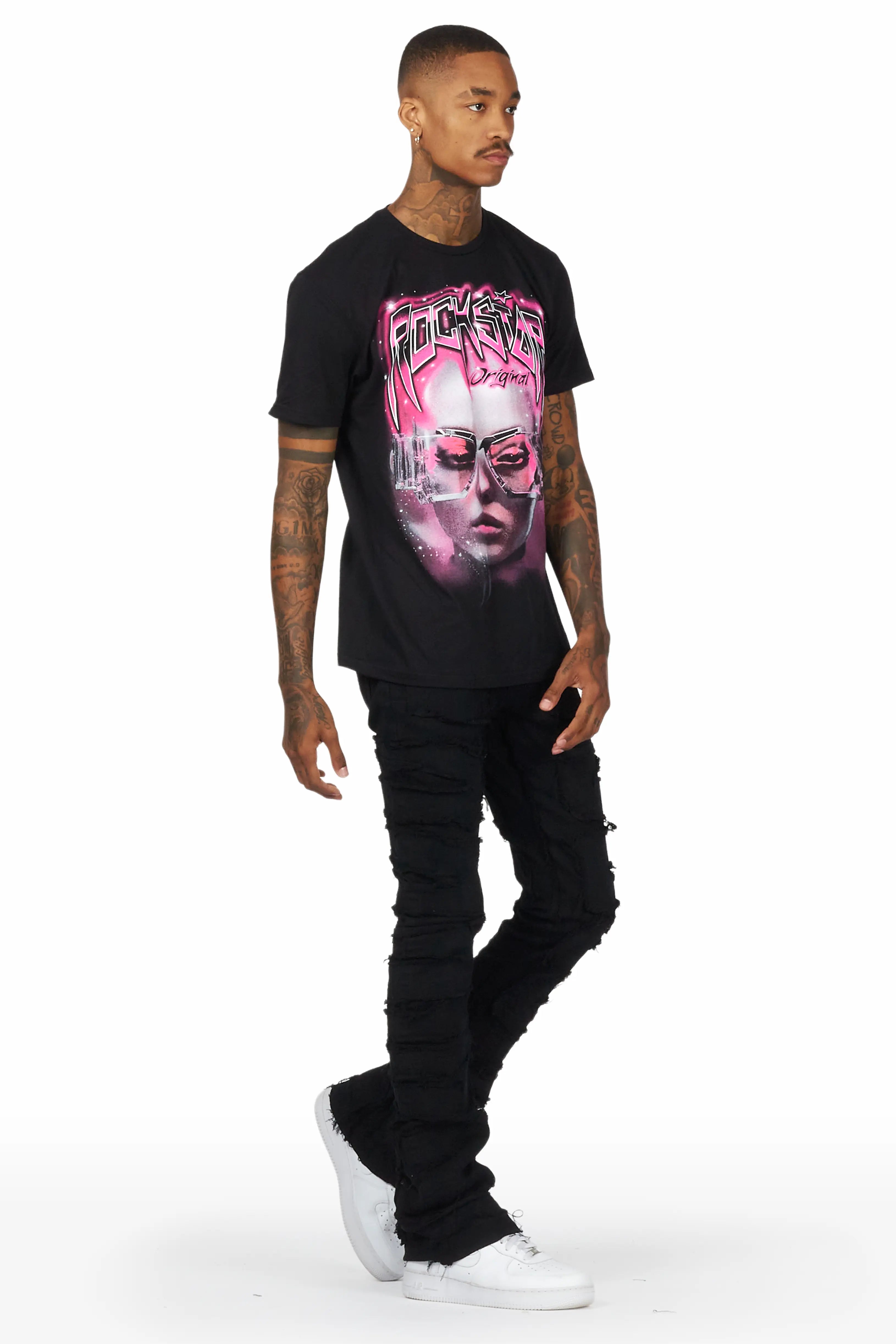 Wayland Black Stacked Flare Jean