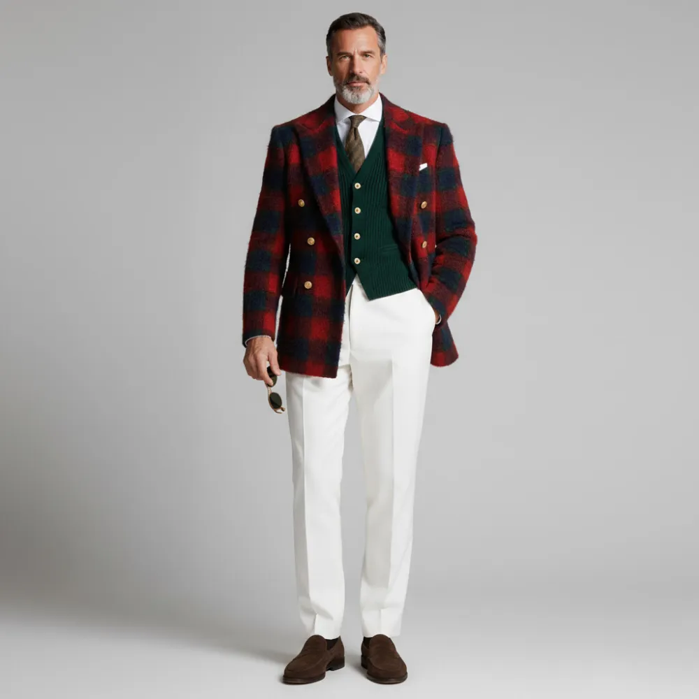 Men's Red Plaid Double Breasted Peak Lapel Textured Long Sleeve Blazer