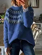 Women's Sweater Fair Isle Sweater Pullover Casual Soft Floral Ribbed Crew Neck Knitted Print Long Sleeve Regular Tops Knit Outdoor Daily Holiday Red Blue Fall Winter