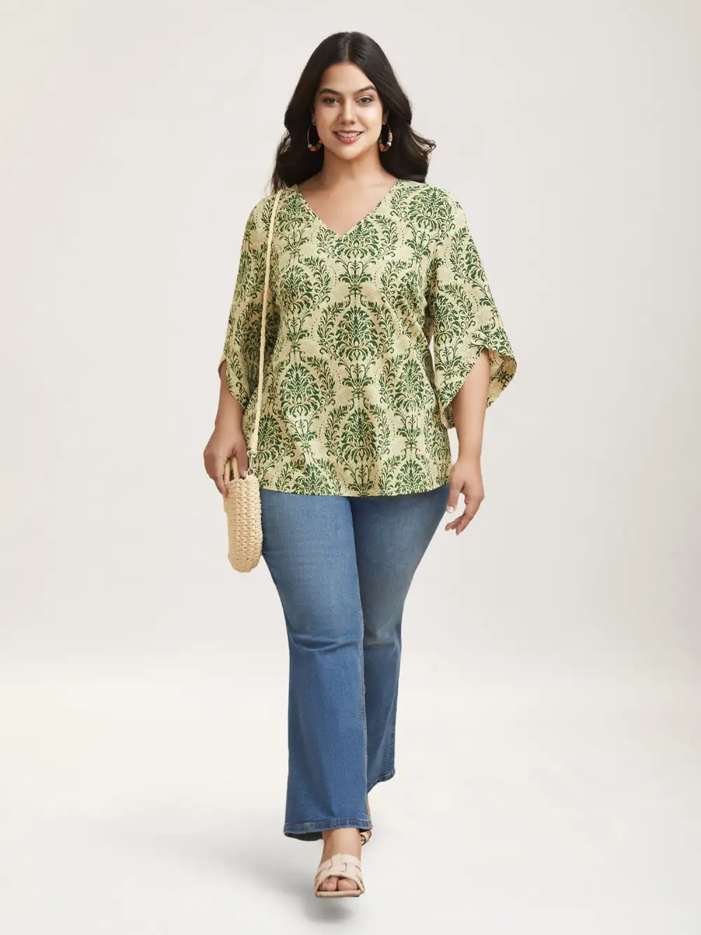 Damask Print Flared Sleeve V-Neck Shirt