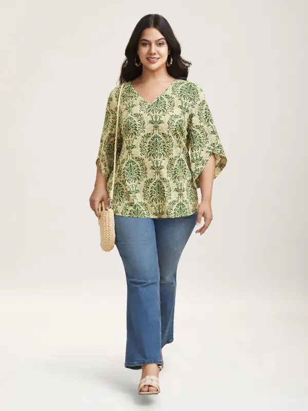 Damask Print Flared Sleeve V-Neck Shirt
