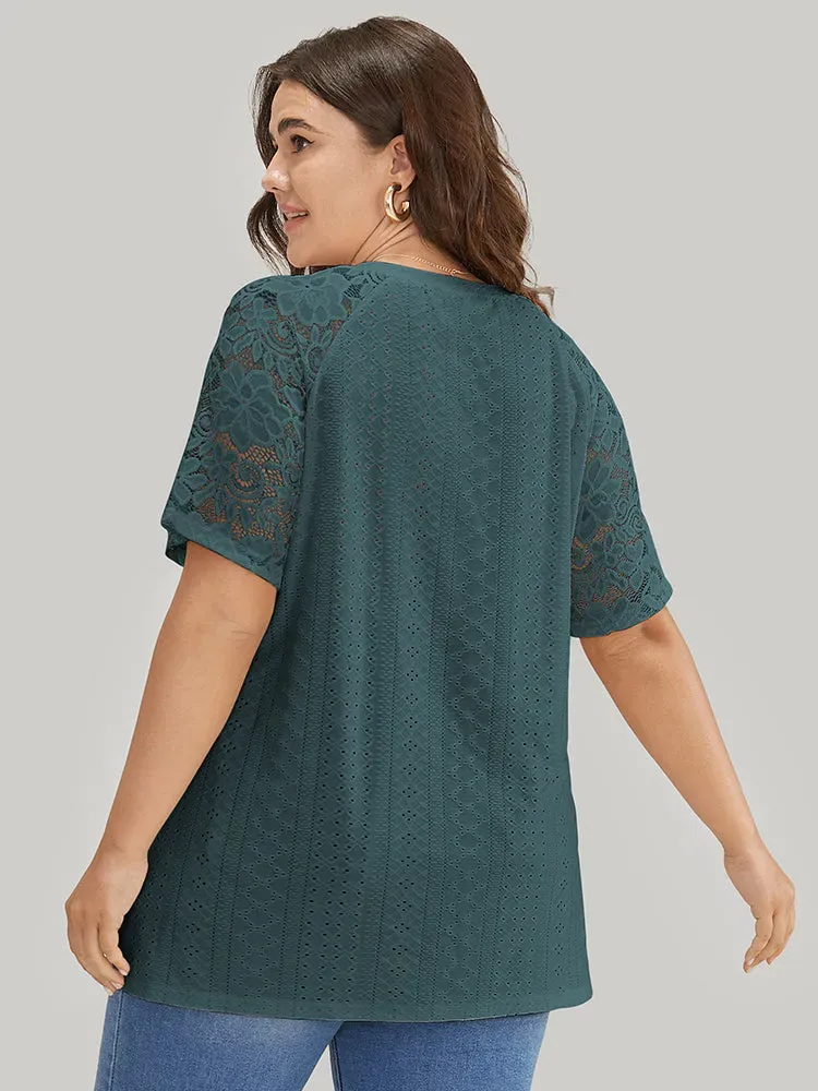 Solid Broderie Anglaise Lace Raglan Sleeve T-shirt