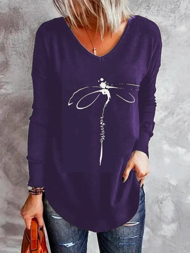 Women's T-Shirts V-Neck Dragonfly Print Long Sleeve T-Shirt（⚡Clearance Sale）