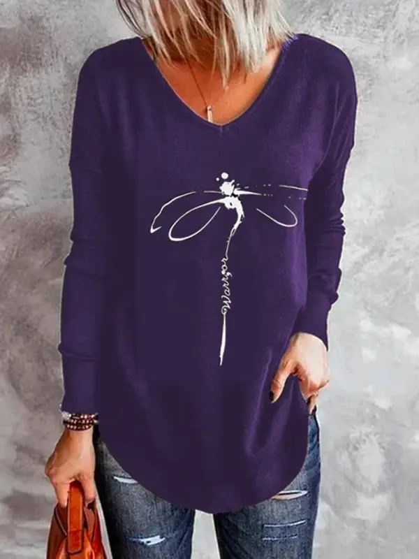 Women's T-Shirts V-Neck Dragonfly Print Long Sleeve T-Shirt（⚡Clearance Sale）