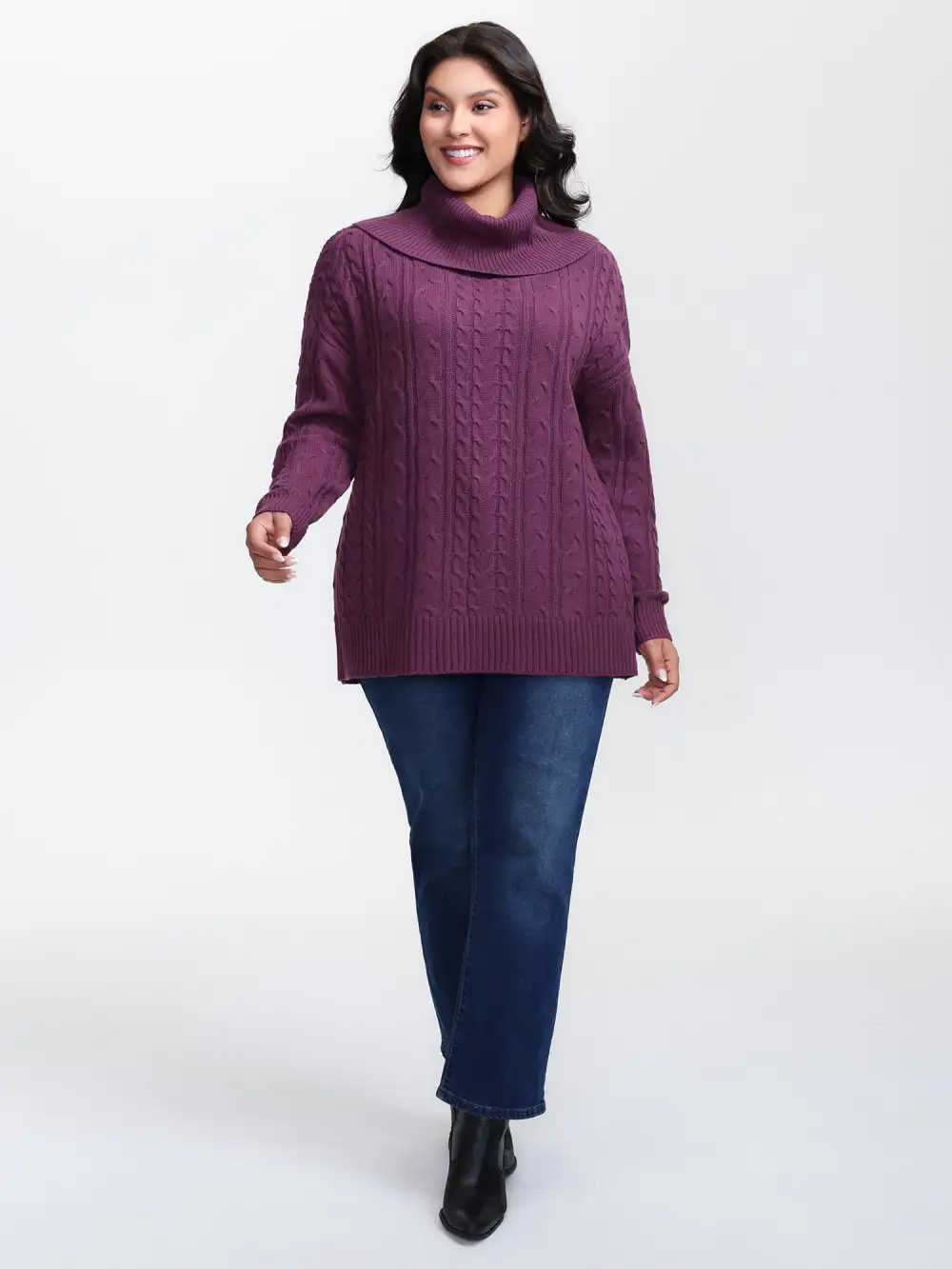 Drapey High Turtleneck Cable-Knit Pullover