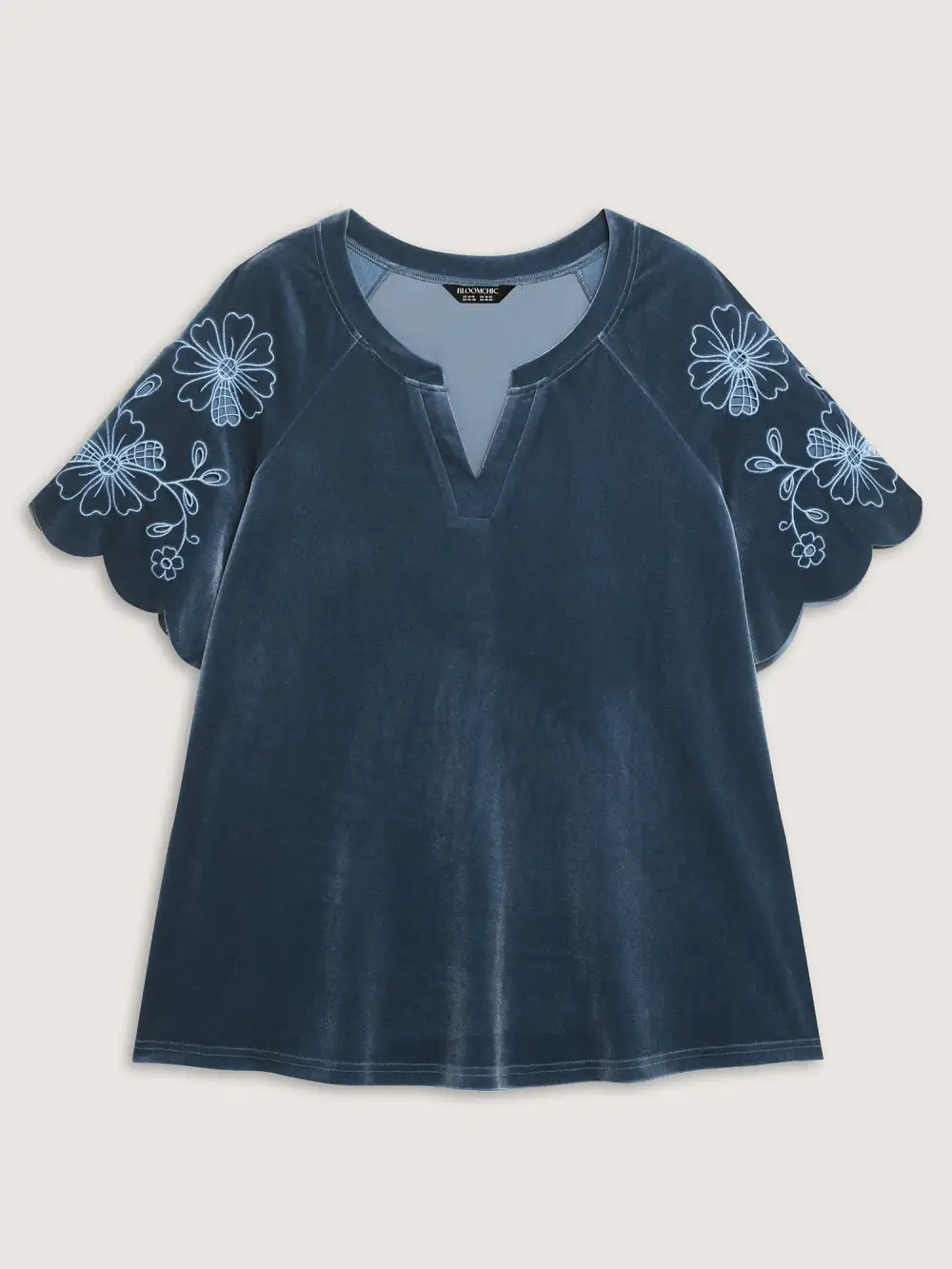 Velvet Embroidered Mesh Sleeve Stretchy Blouse