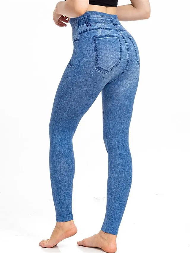 Women's Slim Pants Trousers Leggings Faux Denim Butterfly Pocket Print Full Length High Elasticity High Waist Fashion Streetwear Street Causal Lake Blue Royal Blue S M Summer Fall