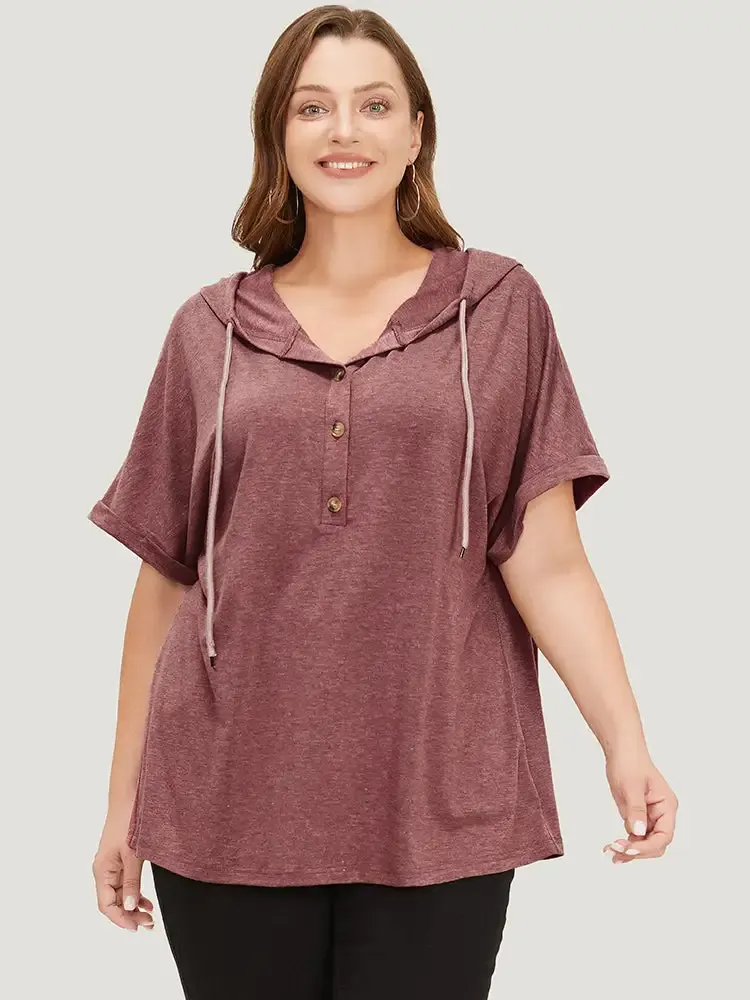 Plain Drawstring Roll Sleeve Button Up Hooded T-shirt