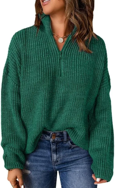Womens Sweaters Long Sleeve 1/4 Zip Pullover Polo V Neck Dressy Casual Tops
