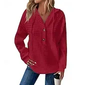 Women's Texture Sweatshirt Waffle Sweatshirt  Pullover Hoodie Sweatshirt Plain Streetwear Casual Long Sleeve Hooded Regular Tops Street Holiday Going out Buttons Black White Pink Wine Fall Winter