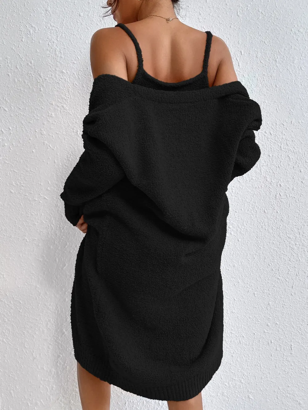 Solid Cami Sweater Dress & Drop Shoulder Cardigan