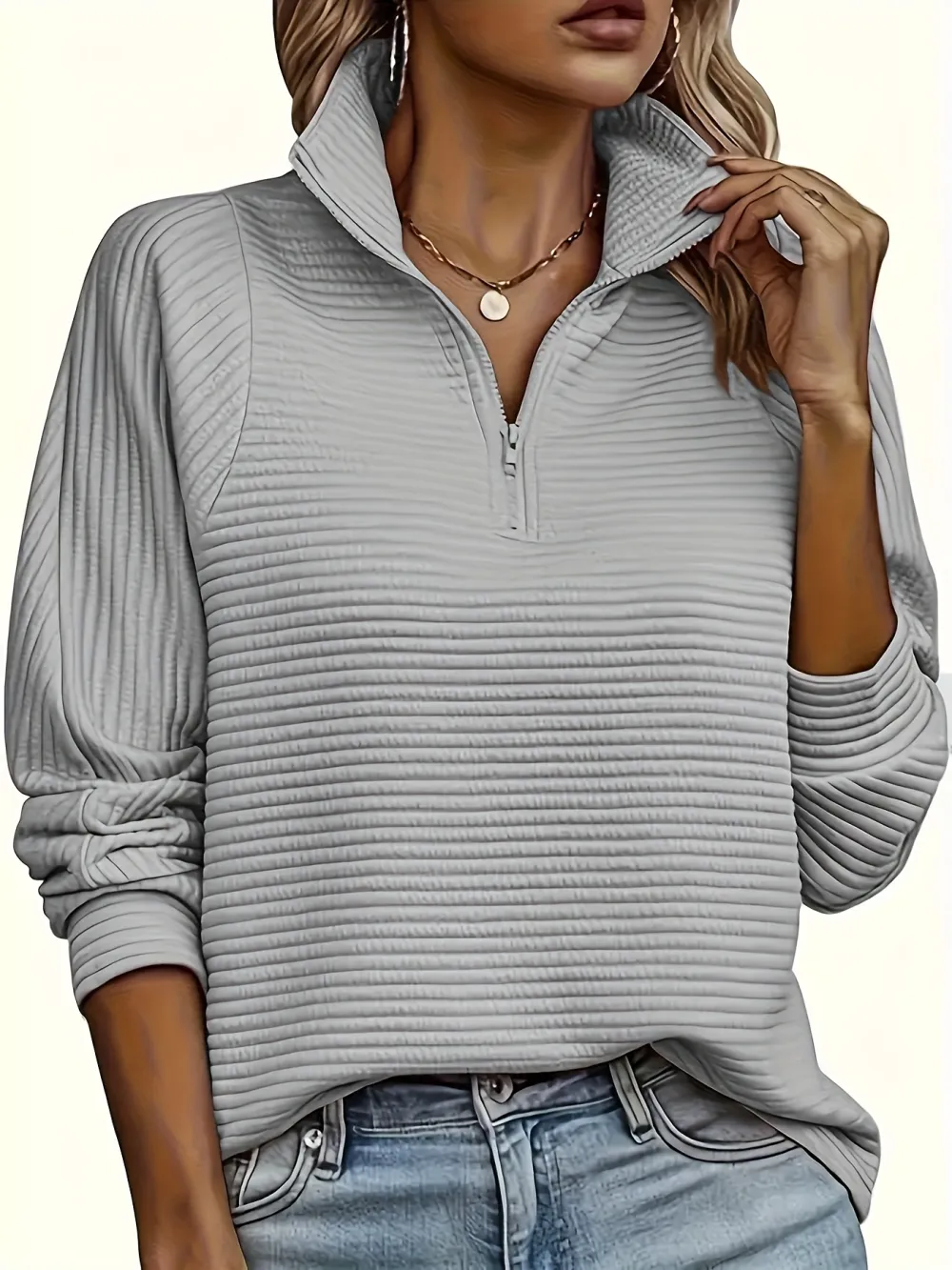 Long Sleeve Solid Color Funnel Neck Zipper Textured Sweatshirt - Soft Non-Stretch Polyester Fabric, Regular Fit, Half Placket, Casual Style for Spring and Fall