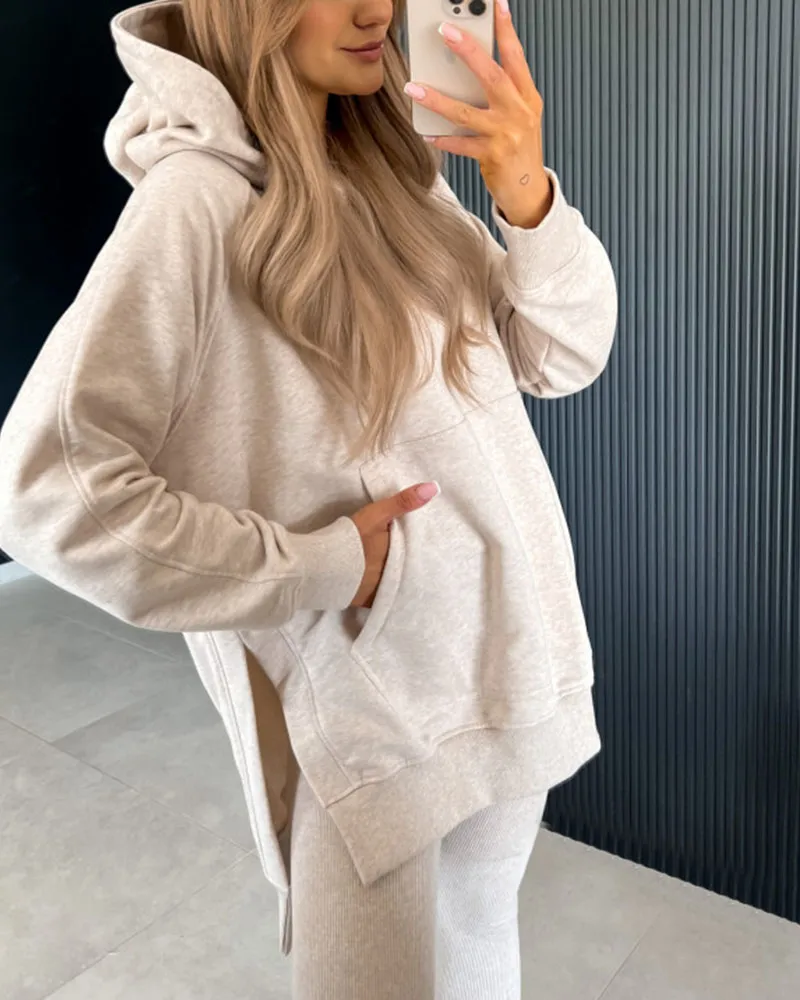 Slit hoodie pencil pants two piece set
