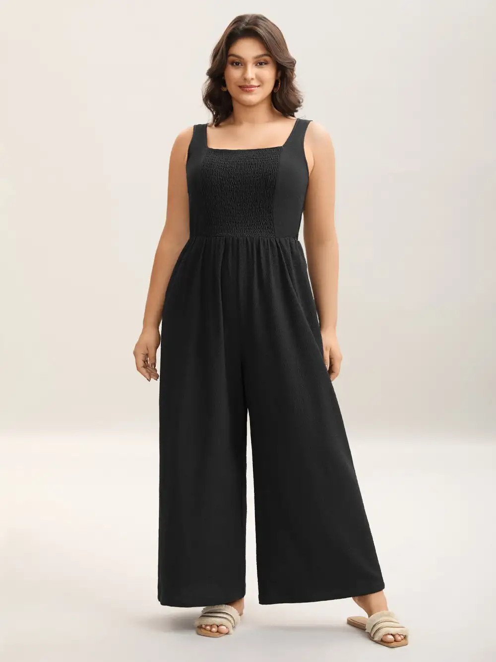 Shirred Pockets Wide-Leg Plain Jumpsuit