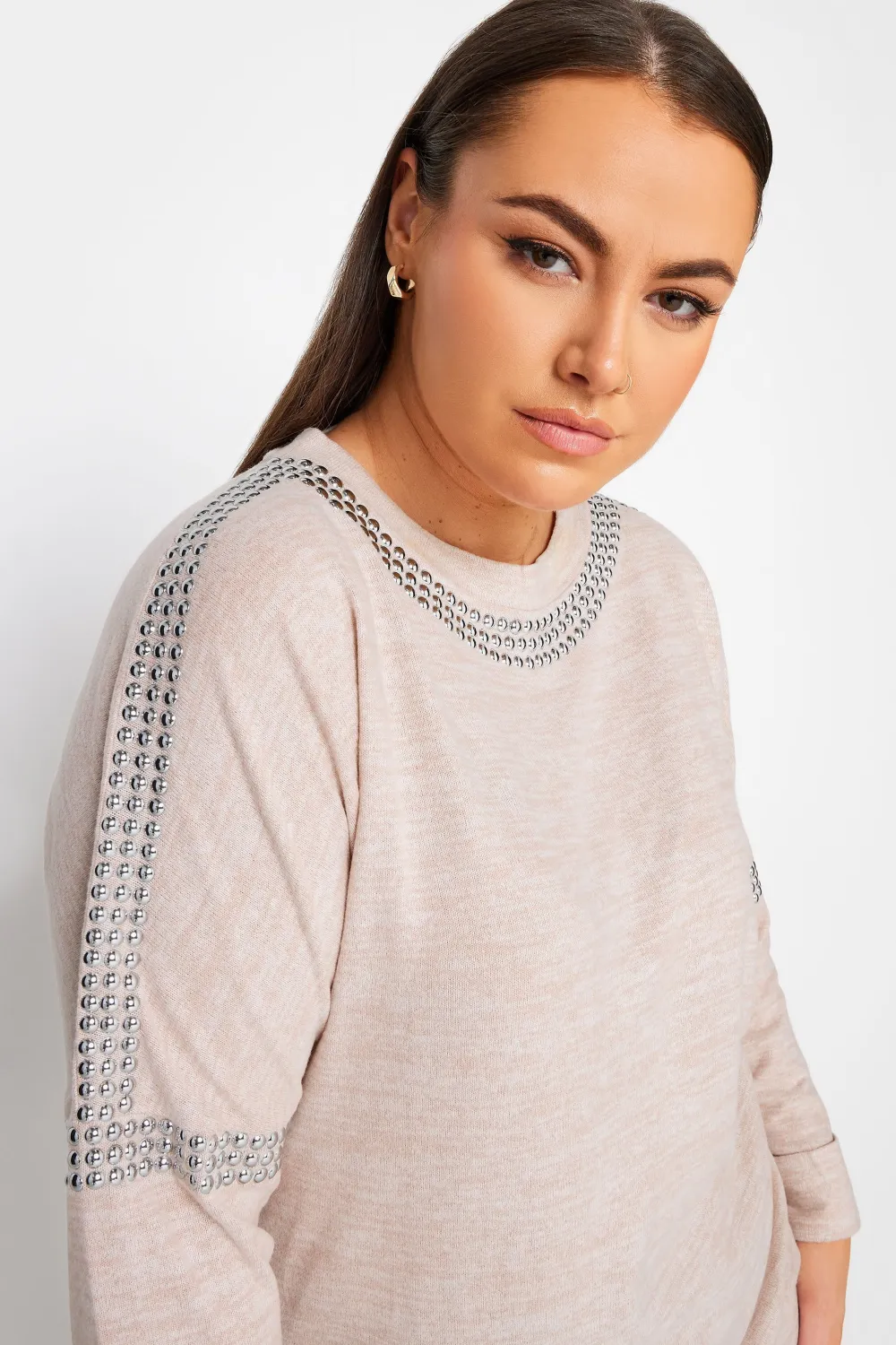 YOURS Curve Light Pink Stud Batwing Sleeve Jumper